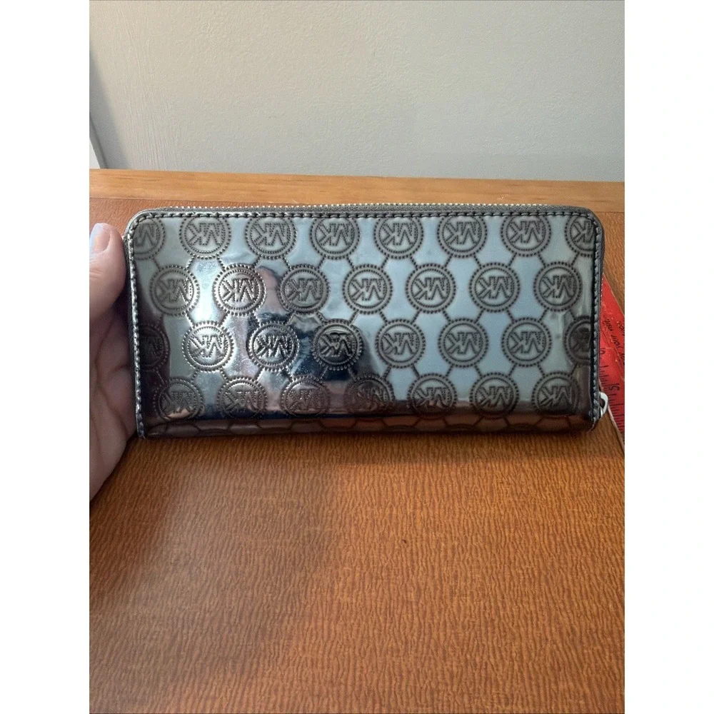 Michael Kors MK Signature Metallic Silver Zip Around Wallet